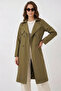 Women's Double Breasted Collar Belted Khaki Trench Coat - 2