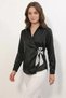 Women's Double-Breasted Collar Bow Detailed Satin Black Shirt - 2