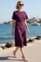 Women's Midi Length Bat Sleeve A-Line Boat Neck Belted 100% Cotton Interlock Dress Daily Casual Stylish - 2