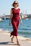 Women's Sleeveless Crew Neck A-Line Midi Dress Shirred Detail Lined Relaxed Fit Casual Modern - 2