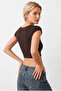 Women's Brown Short Sleeve Crop T-Shirt Blouse - 3