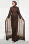 Brown Shoulder Cape Pearl Embellished Evening Dress - 5
