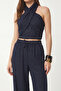 Halter Neck Linen Top and Bottom Set Lby0059 Dark Blue - 4