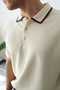 Beige Men's Lightweight Loose Fit T-Shirt with Collar Stripe - 2
