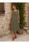 Women's Khaki 100% Cotton Muslin Fabric Below Knee Loose Dress