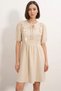 Women's Tie Collar Gathered Ruffle Detailed Short Sleeve Cream Dress