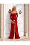 Red Stone Detailed Slit Satin Evening Dress 583404 - 7