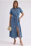Women's Belted Denim Shirt Dress with Stitching Detail - 2
