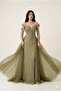 Olive green Beaded Off‑Shoulder Evening Gown with Tulle Train