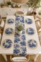 Navy Blue Duck Fabric Plain Runner and 6-Piece Tufted Placemat American Service Set - Vintage Bohemian French Country Pattern Round Table Decor - 7-Piece Dowry Set