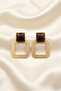 Brown Amber Patterned Stone Detailed Gold Color Square Geometric Earrings - 2
