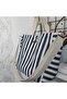 Beach Bag, Picnic Bag, Baby Care Bag, Navy Blue Striped, 100% Linen, Double Handle, with Pockets