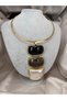Gold Color Geometric Resin Stone Detailed Collar Necklace Black and Gray Stone Statement Women's Necklace