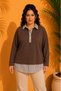 Women's Brown Plus Size Collared Hem Striped Woven Shirt Detail Side Oval Cut Flexible Viscose Blouse - 2