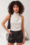 Women's Ecru Black Polka Dot Satin Fabric Halter Neck Backless Trendy Blouse - 4