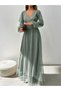 Women's Double Breasted Collared Long Tulle Dress with Belt - 7
