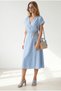 Women's Blue Straw Lace-Up Bat Waist Elastic Dress Elb-19002486