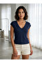 Women's Navy Blue V-Neck Low Sleeve Viscose Elastane Blouse Thsirt