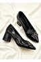 İlena Women's Double Mini Buckle Striped Pointed Toe Geometric Thick Square Heeled Office Stiletto