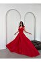 Red Floral Strap Draped Skirt Pleated Long Evening Dress - 3
