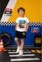 Summer White Red Blue Car Printed Boys' Black Shorts, White T-Shirt Set