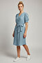 Women's Light Turquoise Blue Linen Look Midi Belted Buttoned Dress with Elastic Sleeves