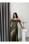 Khaki Boat Neck Underwire Lace Detailed Long Evening Dress - 4