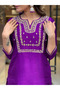 Purple Embroidered Kurti Set with Jacquard Dupatta - AMZ1012 | Purple-Size-L-40Inches - 5