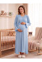 New Season Blue Summer Double-Breasted Collar Short Sleeve Special Design 100% Cotton Maternity Long Dressing Gown Nightgown Set - 2