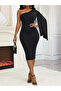 Women's One-Shoulder Open-Shoulder Cape Midi Imported Crepe Dress - 3