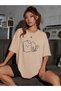 Women / Girls Tea Shirt Printed Beige Oversize T-Shirt Casual Boyfirend - 4