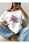 Women's Coconut Flower Printed Boat Neck Off Shoulder 100% Cotton T-Shirt - 3