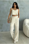 Women's Beaded Detailed Linen Strap Crop Pants Set - 4