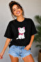 Cute Cat Printed Crew Neck Unisex Oversize T-Shirt with Bow Tie – Cotton T-Shirt