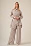 Women's Jacquard Belt Detailed Double Suit Set Beige 31328