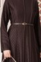 Piping Detailed Belted Lace Hijab Dress-Brown - 3