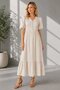 Women's V-Neck Buttoned Linen-Look Guipure Detail Skirt Flounced Lined Summer Casual Dress 25085