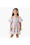 Square Neck Short Sleeves Tiered A-line Dress with Floral Print