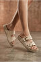 Beige Women's Suede-Look Anatomical Sole Double-Strapped Velcro Buckle Detailed Comfortable Summer Slippers - 3