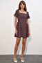Women's Polka Dot Square Neck Short Sleeve Mini Dress 2604 - Brown - 4