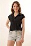 Women's Polo Collar Vertical Striped Black Blouse