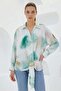 Women's Belted Draped Oversized Patterned Satin Green Ecru Shirt - 2