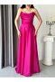 Fuchsia Stone Embellished Strapless Satin Evening Dress - 6