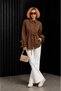 Coffee Bowknot Look Double Collar Waist Tie Oversize Cotton Shirt - 2