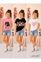 Summer Big Pink Heart, Flowers in the Cup, Double Girl Print Girls' Black, White, Pink Colors 3-Piece T-Shirt Set - 2