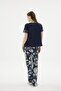 Women's Short Sleeve Lace Detailed Navy Blue Pajama Set Floral Patterned Bottom C7T7N671 - 2