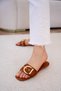 Rios Suede Gold Buckle Detailed Women's Tan Suede Flat Slippers - 2