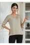 Women's Crew Neck Three Quarter Sleeve Shoulder and Sleeve Guipure Stone Design Detail Summer Tshirt Blouse - 6