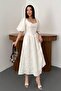 Ecru Balloon Sleeve Lace Brode Dress - 2