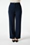 Women's Navy Blue Large Size Crepe Trousers Palazzo Elastic Waist Full Lycra Stretchy Pocketless Button Detail Oversized Wide Leg - 2